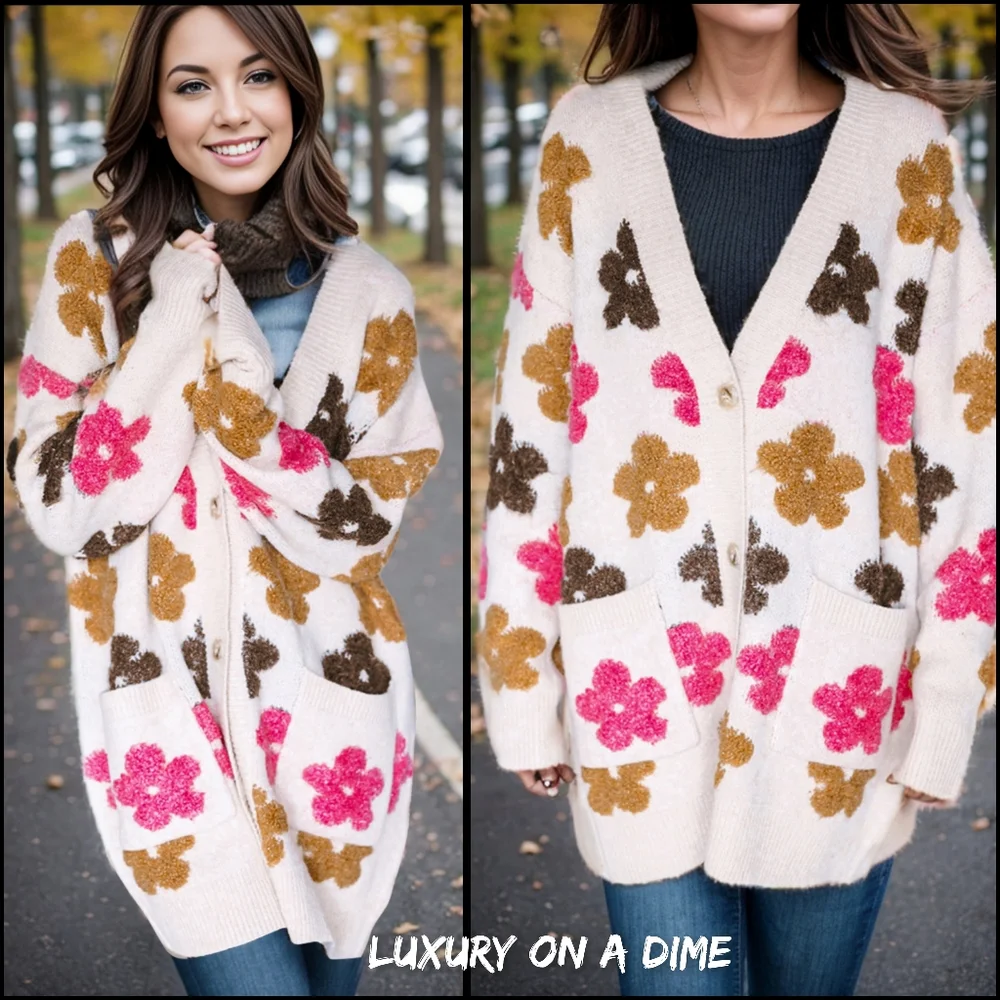 Oversized Fuzzy Retro Colorful Daisy Knit Button Pocket Sweater Cardigan HEAVY